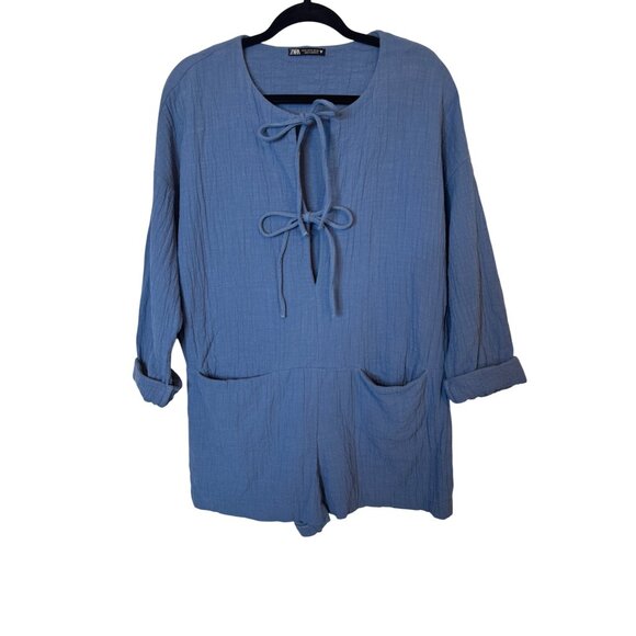 2/$25 ZARA  Blue Medium Textured Long Sleeve Romper Double Tie Neck Detail - Picture 1 of 13